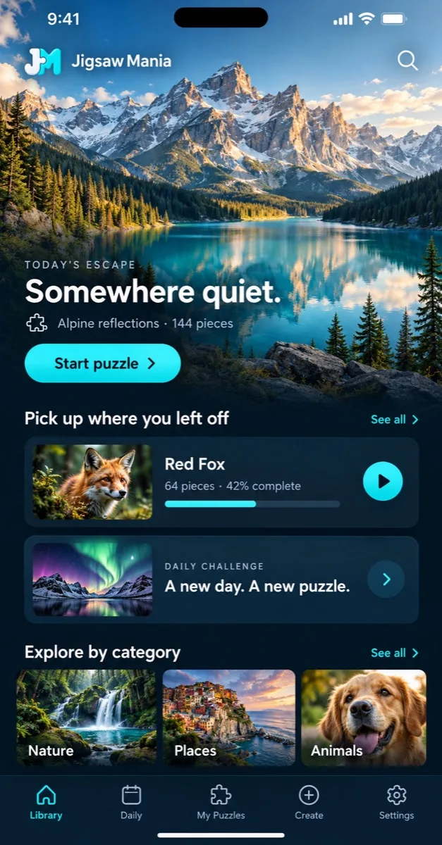 Jigsaw Mania home screen: a mountain lake picture with a Start puzzle button, a Red Fox puzzle in progress and the daily challenge.