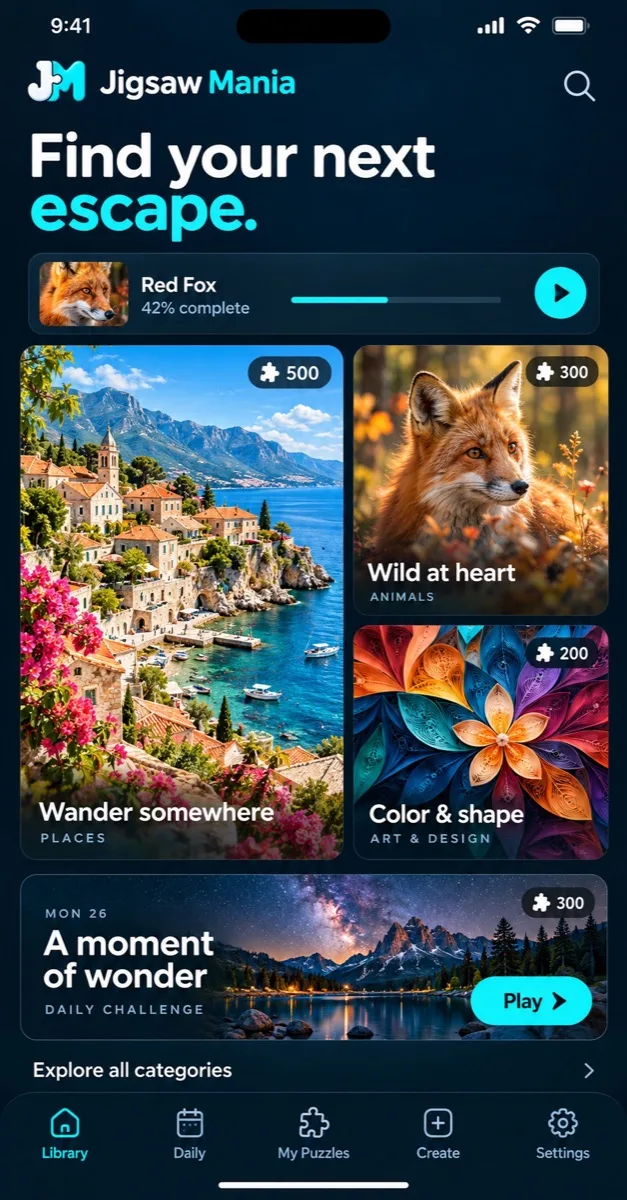 Find your next escape: a gallery of coastal village, fox and paper art puzzles with the daily challenge.
