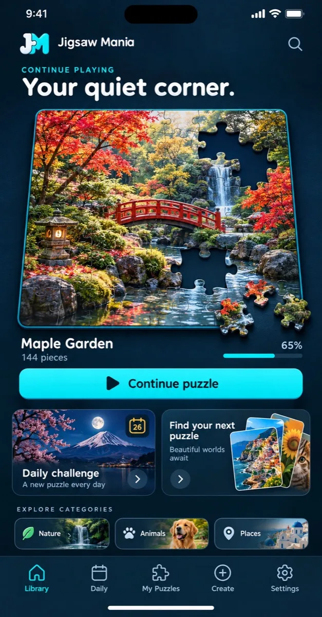 Continue playing: a partly assembled Maple Garden puzzle with loose pieces, a Continue puzzle button and the daily challenge.
